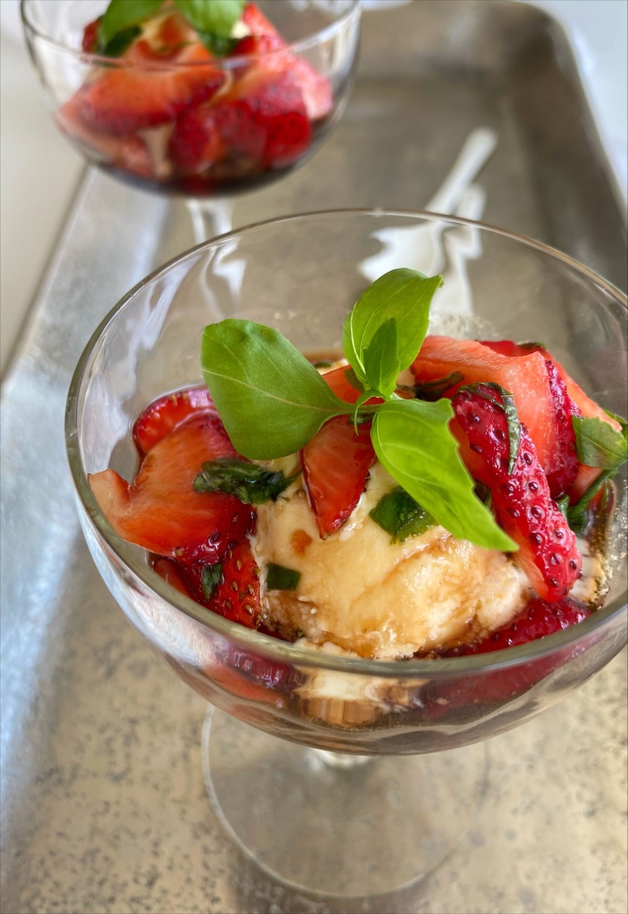 BasilBalsamic Strawberries over Ice Cream